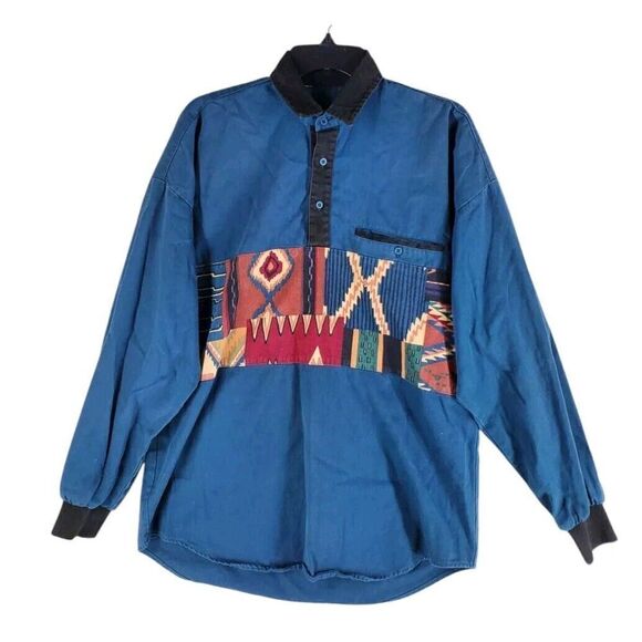 Vtg Roper Aztec Polo Pullover Shirt LS Mens XL Teal Blue Western Rodeo Boxy - Picture 8 of 9